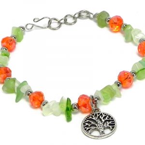 Handmade crystal bead and chip stone bracelet with round silver metal tree of life charm dangle in lime green and orange color combination.