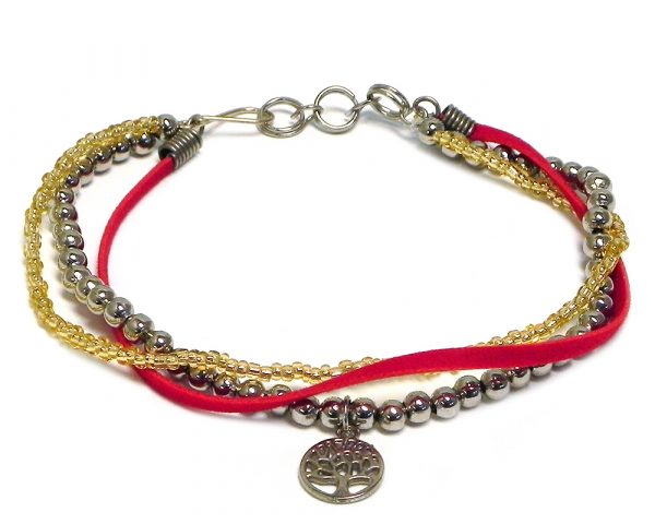 Handmade vegan suede leather, seed bead, and silver metal beaded multi strand bracelet with round tree of life charm in gold and red color combination.