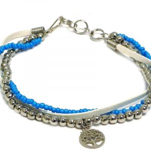 Handmade vegan suede leather, seed bead, and silver metal beaded multi strand bracelet with round tree of life charm in turquoise blue and white color combination.