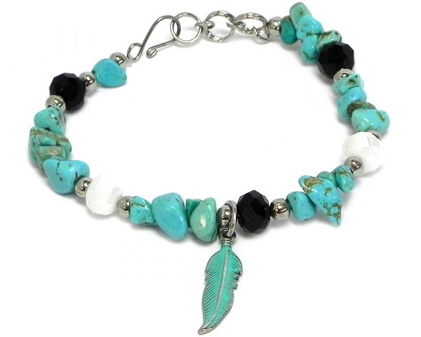 Handmade crystal bead and chip stone bracelet with colored metal feather charm dangle in turquoise blue howlite, mint green, white, and black color combination.