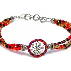 Handmade multicolored seed bead multi strand bracelet with round beaded sparkle thread dream catcher centerpiece in red, gold, and black color combination.