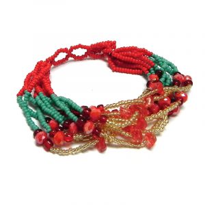 Handmade Czech glass seed bead thick multi strand bracelet with crystal beads in red, turquoise mint, and gold color combination.