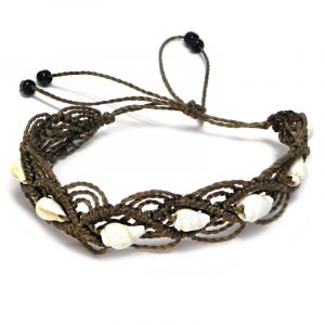 Handmade macramé braided string pull tie bracelet with multiple natural seashells in brown color.