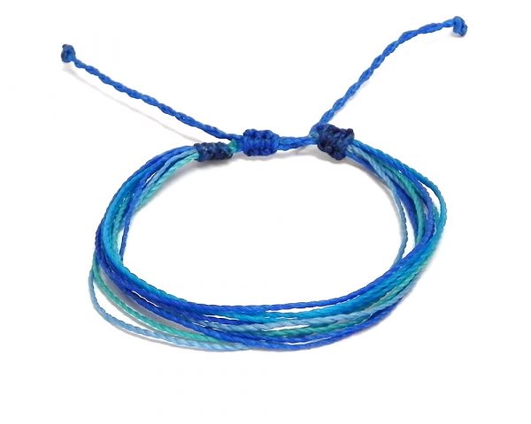 Handmade multicolored multi strand string pull tie bracelet in blue, turquoise, mint, and light blue color combination.
