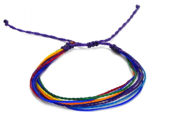 Handmade rainbow multi strand string pull tie bracelet.