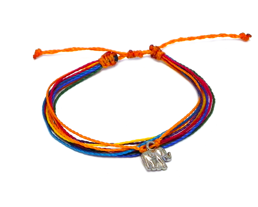 Handmade multicolored multi strand string pull tie bracelet with silver metal elephant charm dangle in rainbow colors.