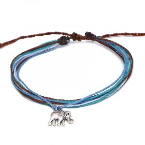 Handmade multicolored multi strand string pull tie bracelet with silver metal elephant charm dangle in brown, light blue, turquoise, and white color combination.