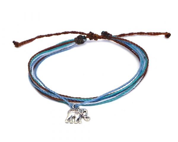 Handmade multicolored multi strand string pull tie bracelet with silver metal elephant charm dangle in brown, light blue, turquoise, and white color combination.