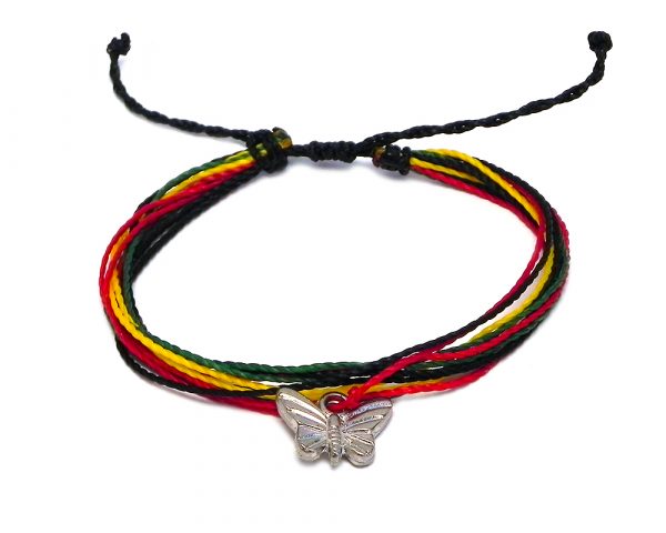 Handmade multicolored multi strand string pull tie bracelet with silver metal butterfly charm dangle in Rasta colors.