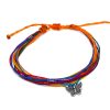 Handmade multicolored multi strand string pull tie bracelet with silver metal butterfly charm dangle in rainbow colors.