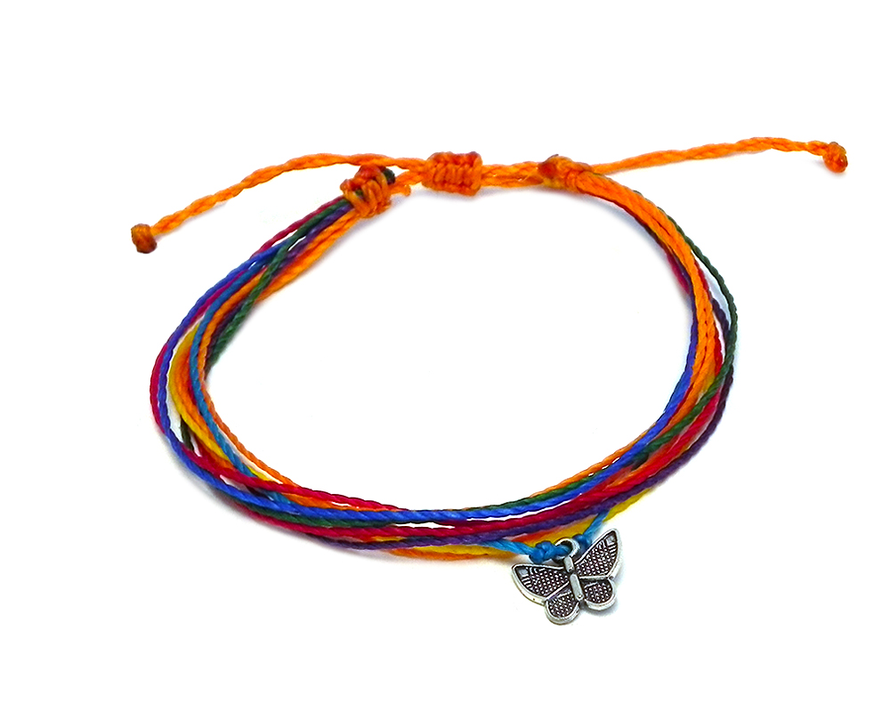 Handmade multicolored multi strand string pull tie bracelet with silver metal butterfly charm dangle in rainbow colors.