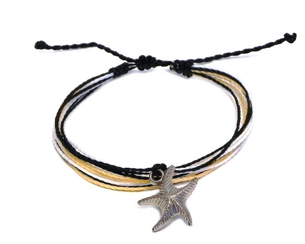 Handmade multicolored multi strand string pull tie bracelet with silver metal starfish charm dangle in black, beige, and white color combination.