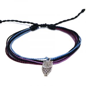 Handmade multicolored multi strand string pull tie bracelet with silver metal owl charm dangle in black, purple lavender, light blue, and burgundy color combination.