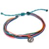 Handmade multicolored multi strand string pull tie bracelet with silver metal yin yang symbol charm dangle in turquoise blue, neon salmon pink, neon orange, purple lavender, green, and mint color combination.