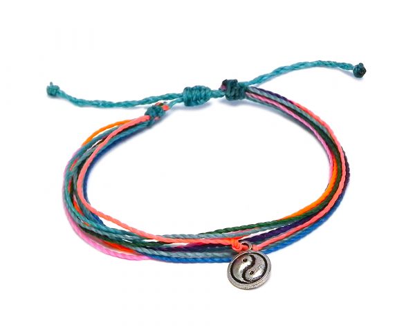 Handmade multicolored multi strand string pull tie bracelet with silver metal yin yang symbol charm dangle in turquoise blue, neon salmon pink, neon orange, purple lavender, green, and mint color combination.