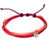 Handmade multicolored multi strand string pull tie bracelet with silver metal smiley face charm dangle in red, neon hot pink, neon salmon pink, and beige color combination.