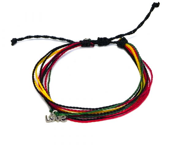 Handmade multicolored multi strand string pull tie bracelet with silver metal "LOVE" charm dangle in Rasta colors.