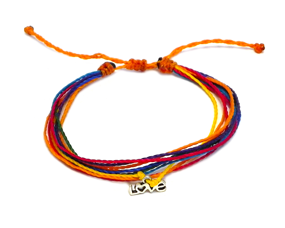 Handmade multicolored multi strand string pull tie bracelet with silver metal "LOVE" charm dangle in rainbow colors.