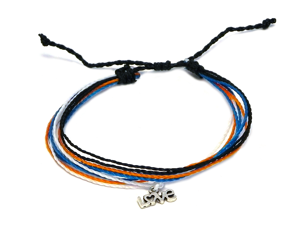 Handmade multicolored multi strand string pull tie bracelet with silver metal "LOVE" charm dangle in black, orange, turquoise blue, and white color combination.