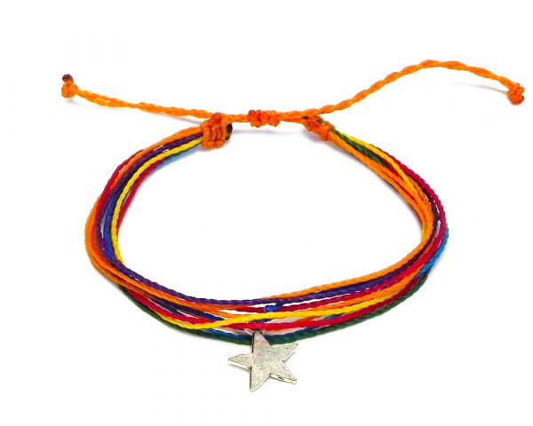 Handmade multicolored multi strand string pull tie bracelet with silver metal star charm dangle in rainbow colors.