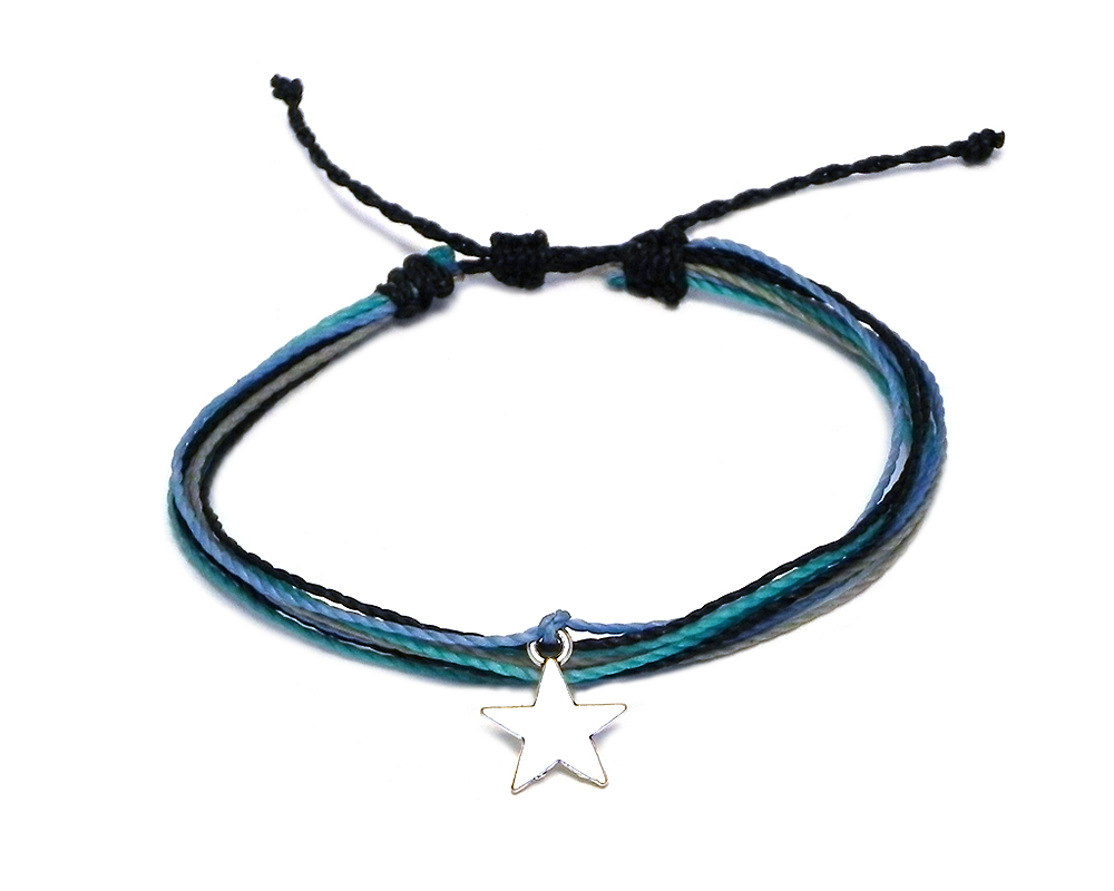 Handmade multicolored multi strand string pull tie bracelet with silver metal star charm dangle in blue, light blue, and gray color combination.