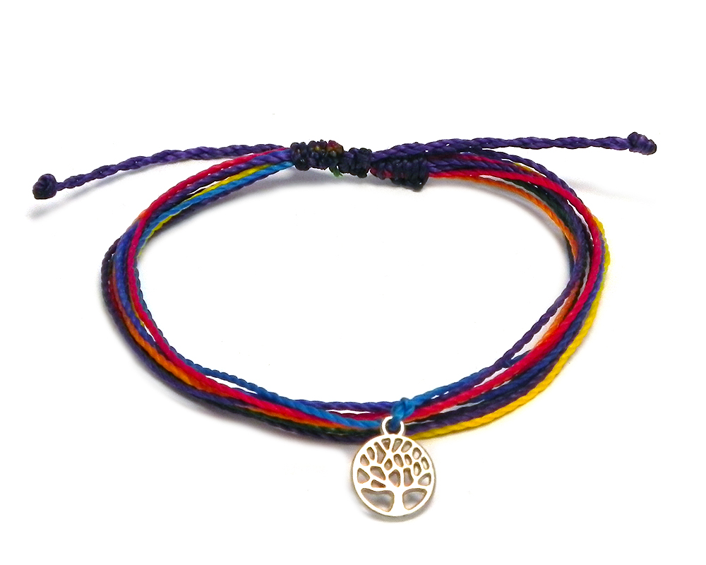 Handmade multicolored multi strand string pull tie bracelet with round silver metal tree of life charm dangle in rainbow colors.
