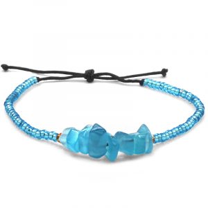 Handmade beaded bracelet with chip stone centerpiece, seed beads, and pull tie closure in turquoise blue color.