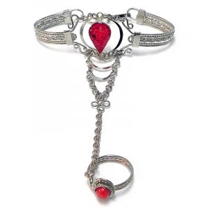 Handmade alpaca silver metal cuff harem bracelet with teardrop-shaped resin and crushed chip stone inlay cabochon centerpiece, chain linked to mini round bead ring in red color.