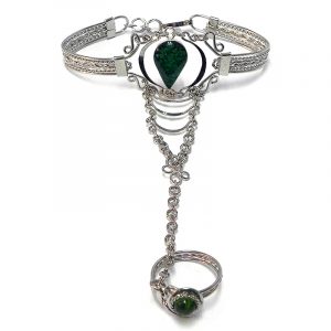 Handmade alpaca silver metal cuff harem bracelet with teardrop-shaped resin and crushed chip stone inlay cabochon centerpiece, chain linked to mini round bead ring in green color.