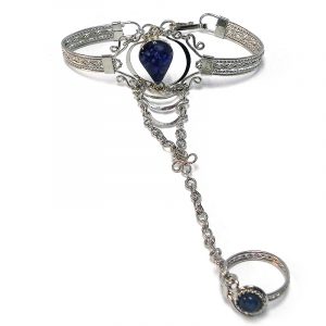 Handmade alpaca silver metal cuff harem bracelet with teardrop-shaped resin and crushed chip stone inlay cabochon centerpiece, chain linked to mini round bead ring in dark blue color.