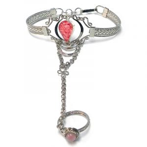 Handmade alpaca silver metal cuff harem bracelet with teardrop-shaped resin and crushed chip stone inlay cabochon centerpiece, chain linked to mini round bead ring in pink color.