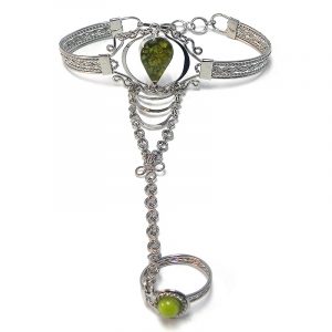 Handmade alpaca silver metal cuff harem bracelet with teardrop-shaped resin and crushed chip stone inlay cabochon centerpiece, chain linked to mini round bead ring in pale olive green color.