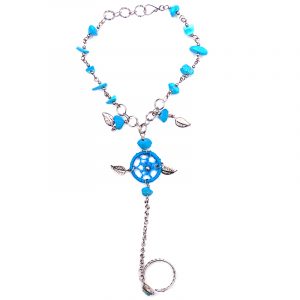 Handmade alpaca silver metal chain harem bracelet with round thread dream catcher, chip stones, and metal leaf charm dangles, linked to mini round stone ring in turquoise blue color.