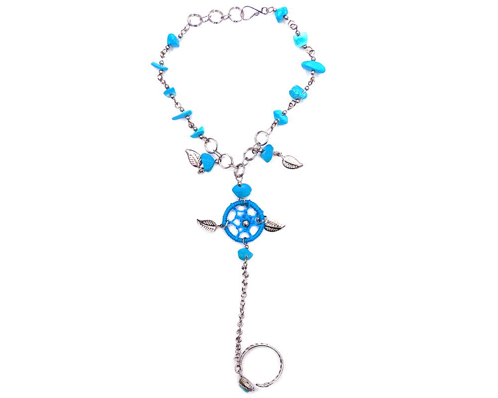 Handmade alpaca silver metal chain harem bracelet with round thread dream catcher, chip stones, and metal leaf charm dangles, linked to mini round stone ring in turquoise blue color.