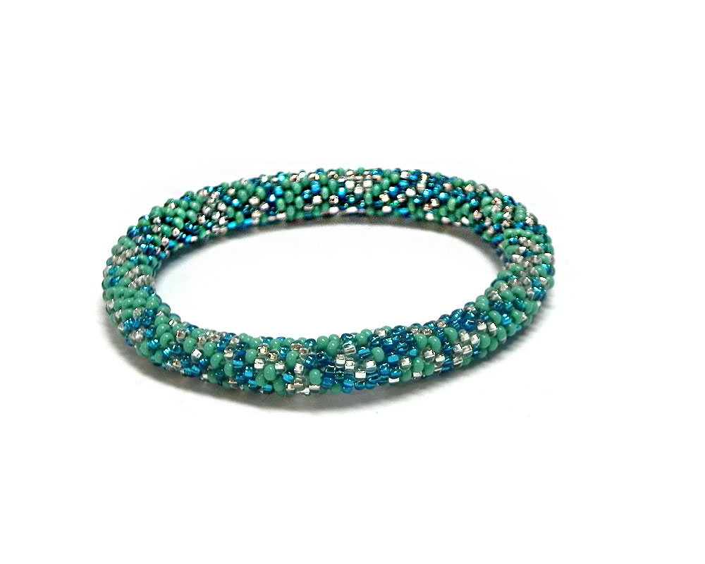 Handmade Czech glass seed bead bangle bracelet in turquoise blue, aqua mint, and white silver color combination.