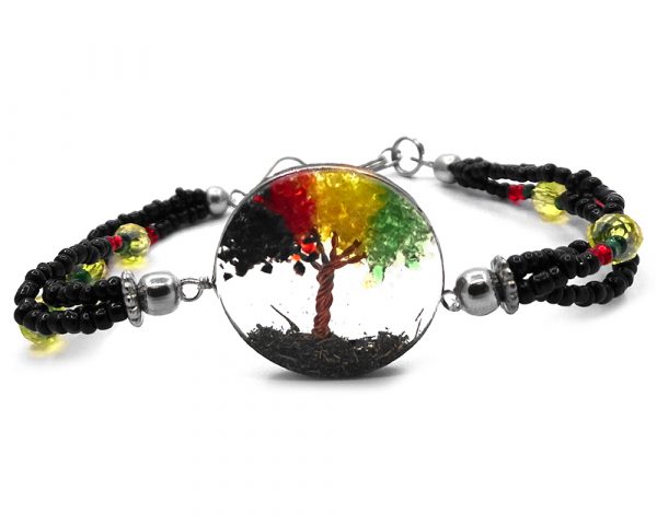 Handmade beaded multi strand tree of life bracelet with crushed chip stone, wire, acrylic, seed bead, crystal beads, and easy hook clasp in red, green, yellow, and black color combination.