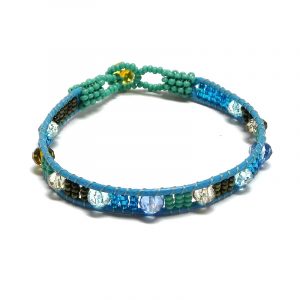 Handmade Czech glass seed bead and crystal bead thin strap bracelet in light blue, turquoise mint, dark brown, and gold color combination.