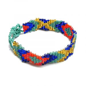 Handmade Czech glass seed bead thin strap bracelet with diamond pattern design in turquoise mint, blue, red, and gold color combination.