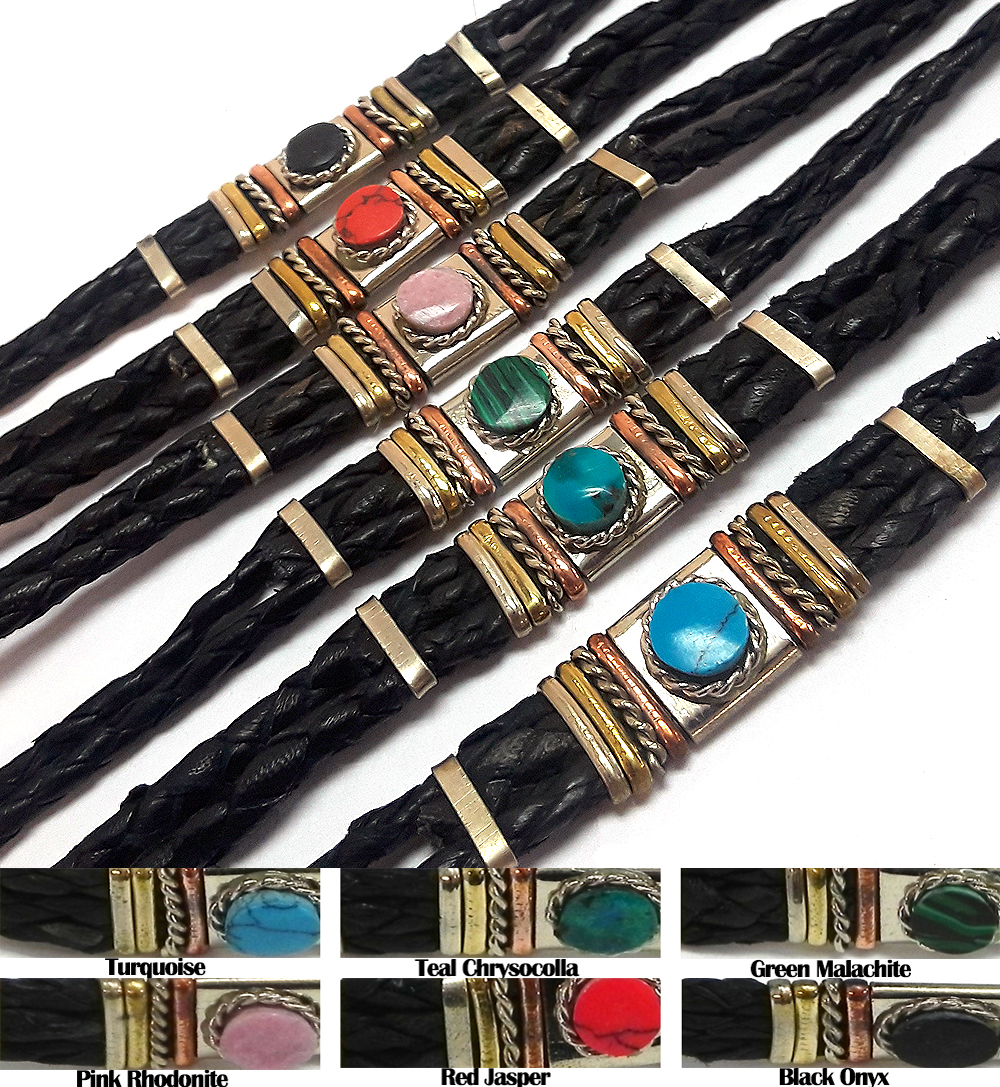 Black braided leather bracelet with mixed metals and mini round stone cabochon centerpiece.