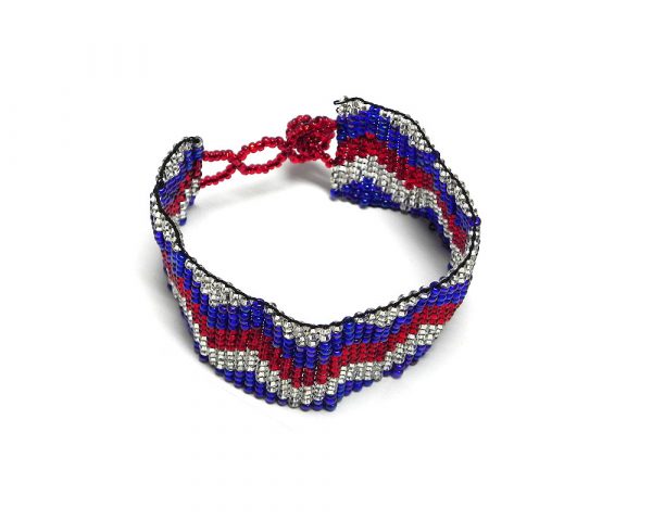 Handmade Czech glass seed bead wide strap bracelet with zig zag pattern design in USA American flag color combination.