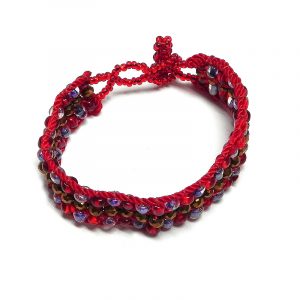 Handmade Czech glass seed bead and crystal bead strap bracelet in red and brown color combination.