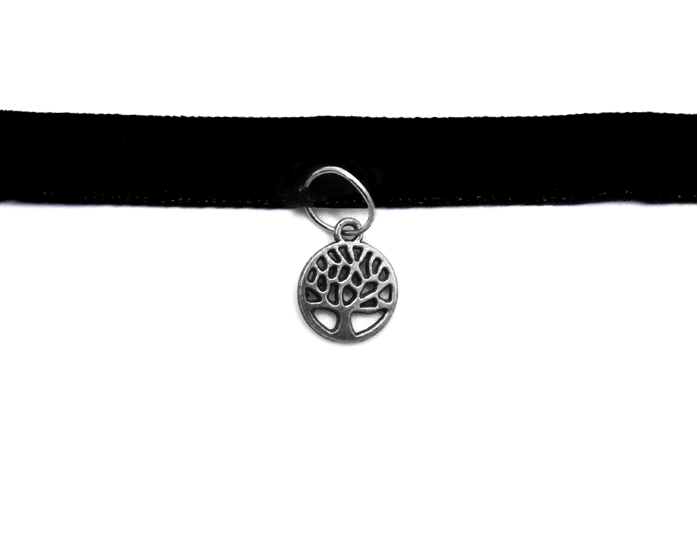 Handmade choker necklace with round silver metal tree of life charm, black velvet ribbon, and easy hook clasp closure.
