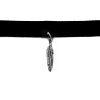 Handmade choker necklace with silver metal feather charm, black velvet ribbon, and easy hook clasp closure.