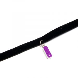 Handmade black velvet ribbon choker necklace with mini rectangle-shaped resin, silver metal, and crushed chip stone inlay dangle in purple color.
