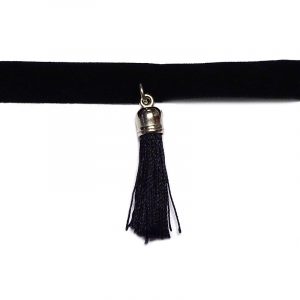 Handmade black velvet ribbon choker necklace with silver metal and solid colored silk thread tassel dangle in black color.