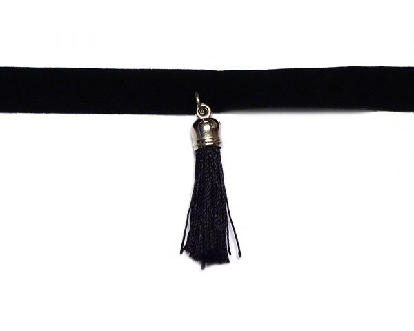 Handmade black velvet ribbon choker necklace with silver metal and solid colored silk thread tassel dangle in black color.