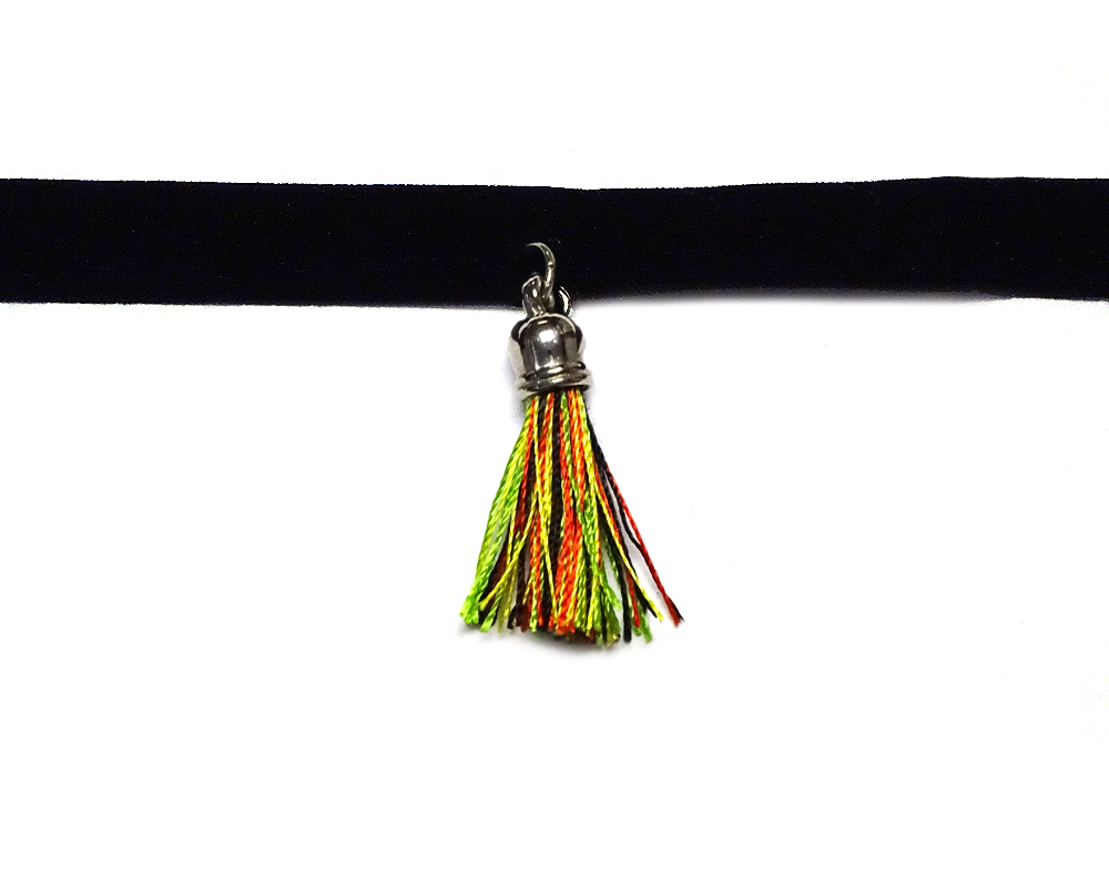 Handmade black velvet ribbon choker necklace with silver metal and Rasta silk thread tassel dangle in lime green, yellow, red, and black color combination.
