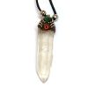 Natural clear quartz crystal point pendant with resin, silver metal, and mini round chrysocolla stone cabochon on adjustable necklace.