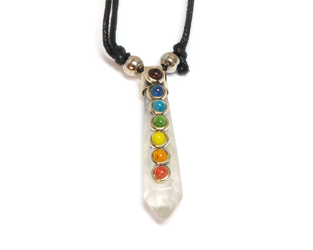 Handmade hexagonal-cut gemstone crystal point pendant with silver metal and 7 Chakra rainbow-colored beads on adjustable necklace in clear quartz.