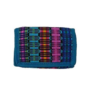 Handmade woven trifold wallet with cotton, hook-and-loop closure, and inner zipper pocket in turquoise.
